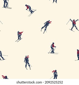 Winter seamless pattern with skiers and snowboarders skiing downhill vector print