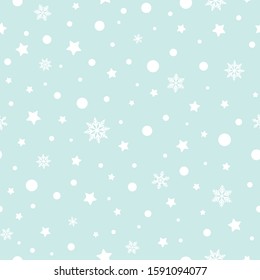 Winter seamless pattern. Sky with flat white snowflakes, dots and stars on powder  blue background. New Year backdrop. Vector Christmas fabric, textile, wrapping paper, card, invitation, wallpaper.