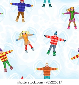 Winter seamless pattern with snow angel people