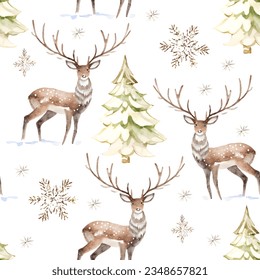 Winter seamless pattern with snow, Christmas tree and deer, watercolor illustration landscape