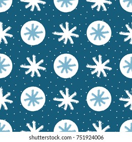 Winter seamless pattern with snow. Snowflakes drawn by hand with brush. Grunge, sketch, graffiti, watercolor. New Year's template. Vector illustration.