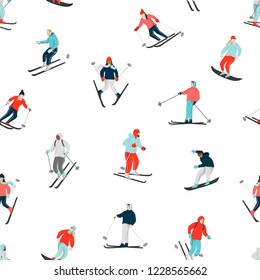 El invierno se desarrolla sin fisuras, con snowboarders y esquiadores esquiando cuesta abajo. Actividades deportivas de montaña. Hombre y mujer vestidos con ropa de invierno en la estación de esquí. Grupo vectorial sonriendo a la gente en blanco