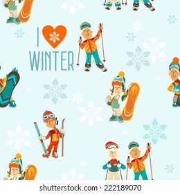 Winter seamless pattern with snowboarders and skiers. Vector illustration