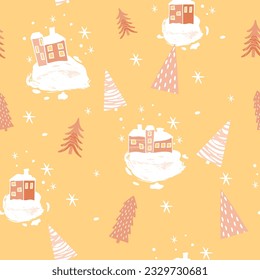 El invierno se caracteriza por un patrón impecable con casas cubiertas de nieve y árboles de Navidad con texturas. Copos de nieve y manchas de grunge.Color rosa, amarillo y blanco.Fondo vectorial para imprimir en tela y papel.