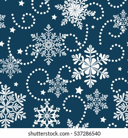 Winter seamless pattern with snowflake and star silhouettes. New Year decorative background. Vector ornament with snowflakes