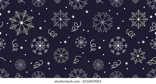 Winter Seamless pattern with snowflake,confetti on a dark blue background.Christmas new year design background for printing wrapping paper,textiles,wallpaper,web.Trendy modern Christmas pattern vector