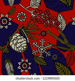 Winter seamless pattern, snowflakes and berries.
