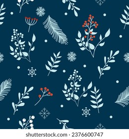 Winter seamless pattern with snowflakes and berries. Vector illustration.