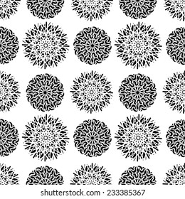 Winter seamless pattern with snowflakes in black and white. New Year ornament. Cloth design. Wallpaper