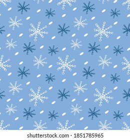Winter seamless pattern with snowflakes. Christmas and New Year pattern. Snow, frost and freshness atmosphere. Vector festive holiday illustration, can be used as gift wrapping