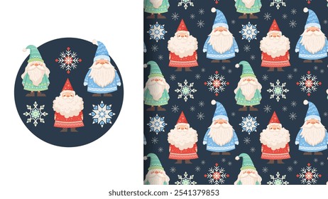 Winter seamless pattern with snowflakes and cute gnomes. Baby fabric swatch for winter clothes. Vector ornament with elements