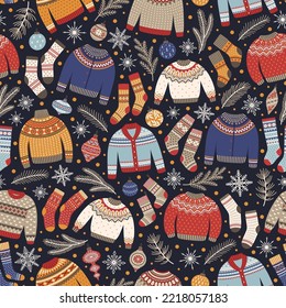 El invierno es transparente con copos de nieve, ramas de abeto, juguetes, sudaderas de punto, medias. Antecedentes navideños con ropa acogedora y cálida. Atmósfera de hidrógeno, ilustración vectorial
