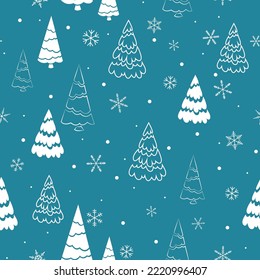 winter seamless pattern with snowflakes and fir trees