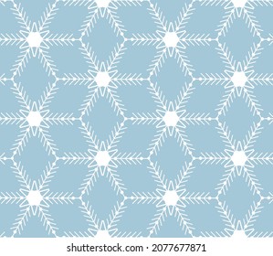 Winter Nahtlose Muster Schneeflocken im geometrischen Stil, weiß auf blauem Hintergrund. Winterdekor zu Weihnachten und Neujahr. Design von Textilien, Verpackungspapier, Karten, Banner. Vektor linear