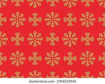 El invierno es fluido con copos de nieve. Copos de nieve geométricos de diferentes formas sobre un fondo rojo. Diseño de papel pintado, papel envolvente, carteles y afiches. Ilustración del vector
