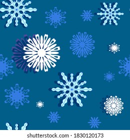 Winter seamless pattern with snowflakes on a blue background. Vector illustration for fabric, textile Wallpaper, posters, gift wrapping paper. Christmas vector illustration.