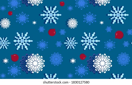El invierno es fluido con copos de nieve en un fondo azul con bolas de Navidad. ilustración vectorial para tela, papel de escritorio textil, carteles, papel de envoltura de regalo. Ilustración vectorial de Navidad.
