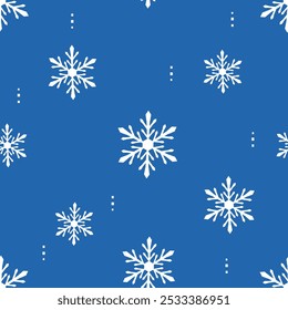 Patrón inconsútil del invierno con los copos de nieve en el Vector azul del fondo.