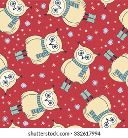 Winter seamless pattern with snowflakes, owl in blue striped scarf and boots on dark red background.
