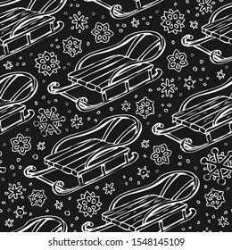 Winter seamless pattern. Snowflakes, Sled. Hand drawn doodle drawings. Chalkboard print. Vector background.