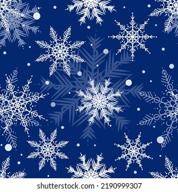 Winter seamless pattern with snowflakes and snow on blue background.