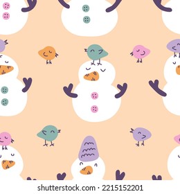 Winter seamless pattern with snowmen and birds. Childish print for tee, paper, fabric, textile. Hand drawn vector illustration for decor and design. 
