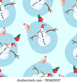 Winter seamless pattern with snowmen and birds. Cute blue pattern.