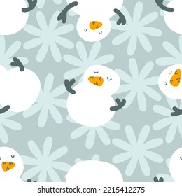 Winter seamless pattern with snowmen and snowflakes. Childish print for tee, paper, fabric, textile. Hand drawn vector illustration for decor and design. 
