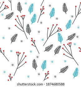 Winter seamless pattern with spruce branches and viburnum berries.