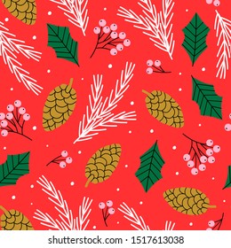  winter seamless pattern with spruce branch,rowan and cone  - vector illustration, eps    
