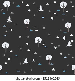 Winter Seamless Pattern with spruce, fir and trees. Dark Background with snowflakes and stars