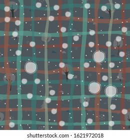 Winter Seamless Pattern with spruce, fir and trees. Dark Background with snowflakes and stars