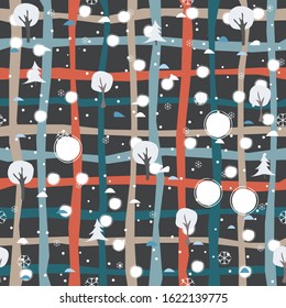 Winter Seamless Pattern with spruce, fir and trees. Dark Background with snowflakes and stars