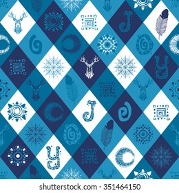 Winter seamless pattern with stylish drawn elements: deer, feather, snowflake, tribal print, word "Joy". Elegant repeat pattern for fabric, wallpaper, web page, gift wrap, Christmas card, etc. Vector