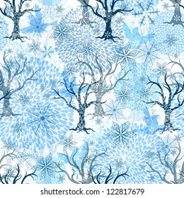 Winter seamless pattern with stylization transparent fireworks, trees, snowflakes and birds (vector EPS 10)