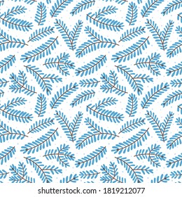 Winter seamless pattern with stylized fir branches on a white background.