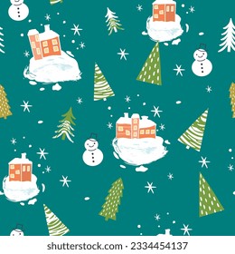 Winter seamless pattern with stylized houses, snowmen and Christmas trees. Festive background from colorful  elements with textures.Cute print on fabric and paper.Vector hand drawn  illustration.