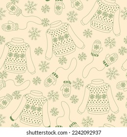 Winter seamless pattern with sweaters, mittens and snowflakes. Can be used for wallpaper, gift paper, fabric, textile, Christmas and New Year greeting card