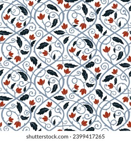 El invierno es un patrón sin fisuras con remolinos, viñas, flores y hojas. Resumen del fondo vectorial floral. Elegante adorno botánico repetido y estilizado para diseño navideño, tejidos, textiles
