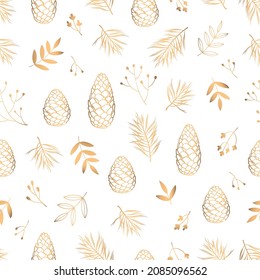 Winter seamless pattern for textile, fabric manufacturing, wallpaper, covers, surface, print, gift wrap, scrapbooking. Pine, cedar cones, twigs, flowers and leaves composed of gold art line. Vector.