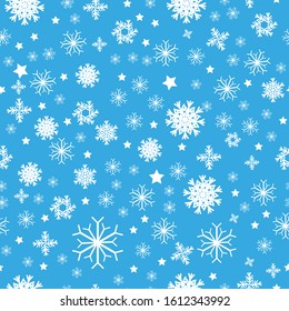 Winter seamless pattern. Texture with snowflakes and sparkles, on blue isolated background. Vector eps 10.