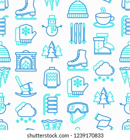 Winter seamless pattern with thin line icons: fireplace, skates, mittens, snowflake, scarf, snowman, pullover, sledges, rocking chair, skiing, icicle, snowfall. Modern vector illustration.