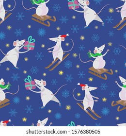 Winter seamless pattern of three white funny Christmas rats with snowflakes and stars on the dark blue background. Rats on skates, on skis, with box gifts. Vector illustration in flat style.