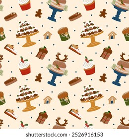 Winter seamless pattern with traditional homemade Christmas cake, holiday dessert, holly berries, cupcakes for Christmas decoration. Vector illustration for gift wrapping paper, wallpapers, textile.