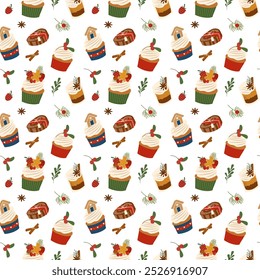 Winter nahtlose Muster mit traditionellen hausgemachten Weihnachtskuchen, Feiertagsdessert, Holly Beeren, Cupcakes für Weihnachtsdekoration. Vektorgrafik für Geschenkpapier, Tapeten, Textilien.