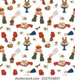 Padrão sem costura de inverno com bolo de Natal caseiro tradicional, sobremesa de férias, bagas de azevinho, cupcakes para decoração de Natal. Ilustração vetorial para papel de embrulho para presente, papéis de parede, têxteis.