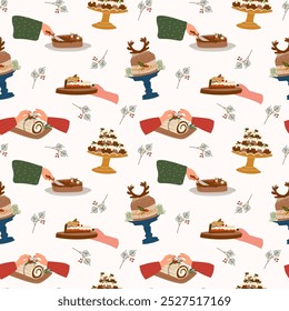 Winter nahtlose Muster mit traditionellen hausgemachten Weihnachtskuchen, Feiertagsdessert, Holly Beeren, Cupcakes für Weihnachtsdekoration. Vektorgrafik für Geschenkpapier, Tapeten, Textilien.