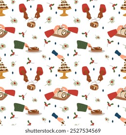 Winter seamless pattern with traditional homemade Christmas cake, holiday dessert, holly berries, cupcakes for Christmas decoration. Vector illustration for gift wrapping paper, wallpapers, textile.