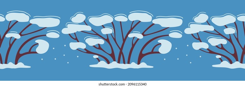 Winter seamless Pattern tree or bush in the snow. It grows in winter-time. Decor for New Year design. Adhesive tape design. Simple vector illustration in flat style on blue background.