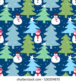 Winter seamless pattern with tree and snowman. Christmas background.